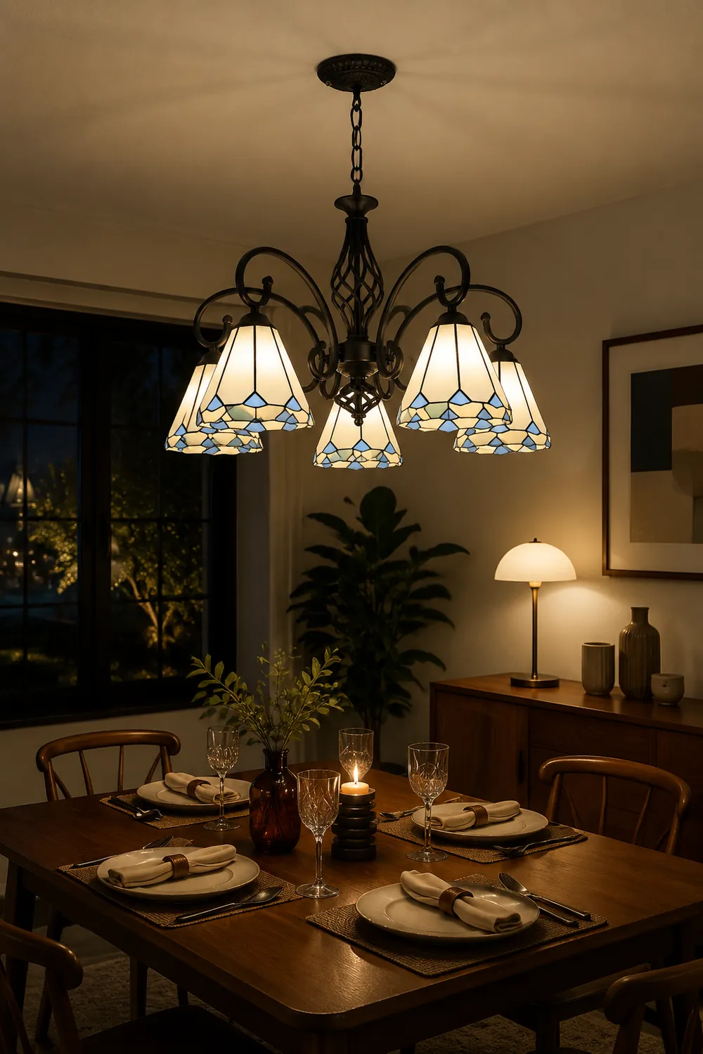 Silva Tiffany Mediterranean Branch Metal Chandelier, White/Blue/Navy Blue - Lumpaz
