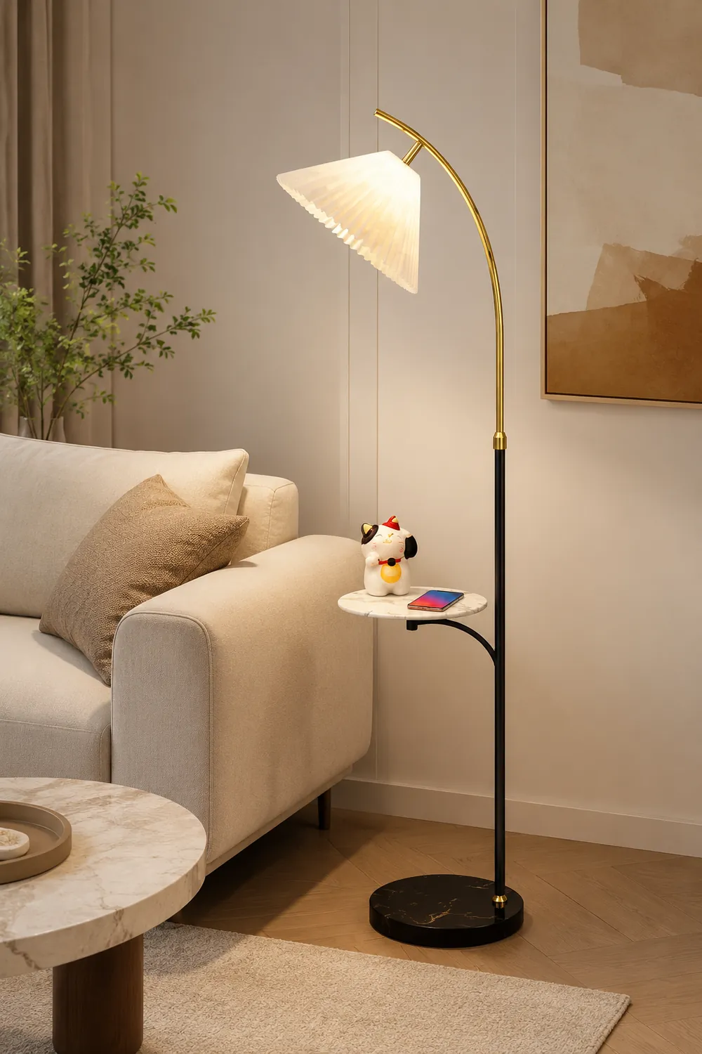 Ozawa Modern Pleated Metal Fabric Floor Lamp / Bedside Table, 3 Color - Lumpaz