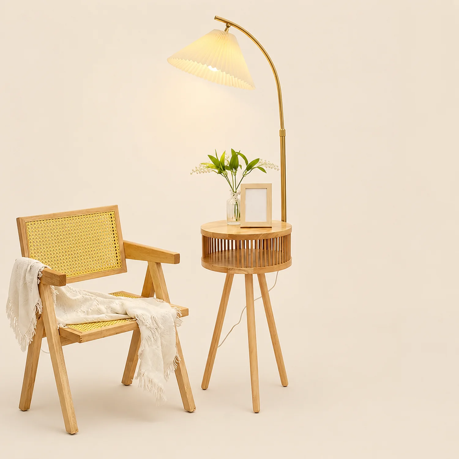 Ozawa Retro Pleated Metal & Wood Floor Lamp /w Bedside Table - Lumpaz