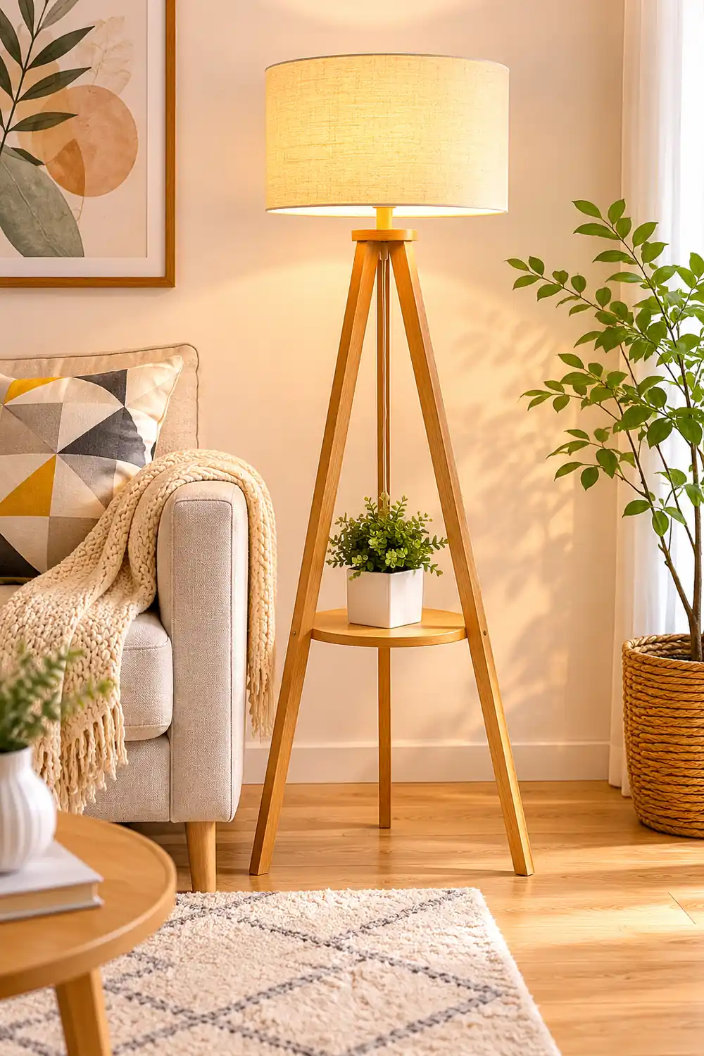 Ozawa Floor Lamp Triangle Vintage, Wooden/Fabric, Beige, Living Room - Lumpaz
