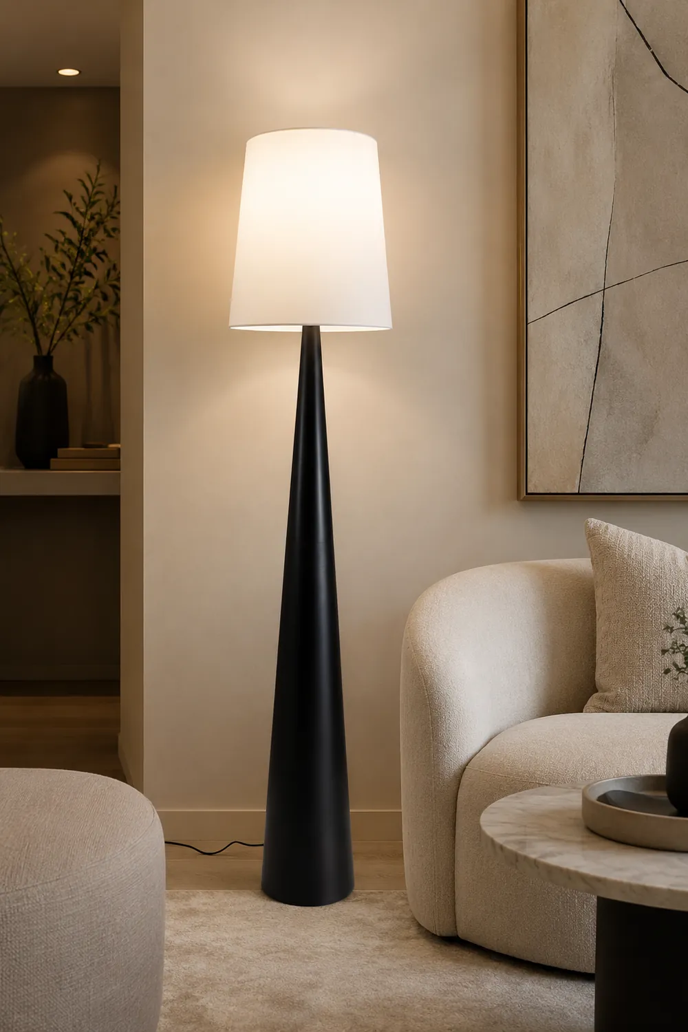 Eryn Floor Lamp Cone Shaped Nordic, Fabric Art, White, Living Room - Lumpaz