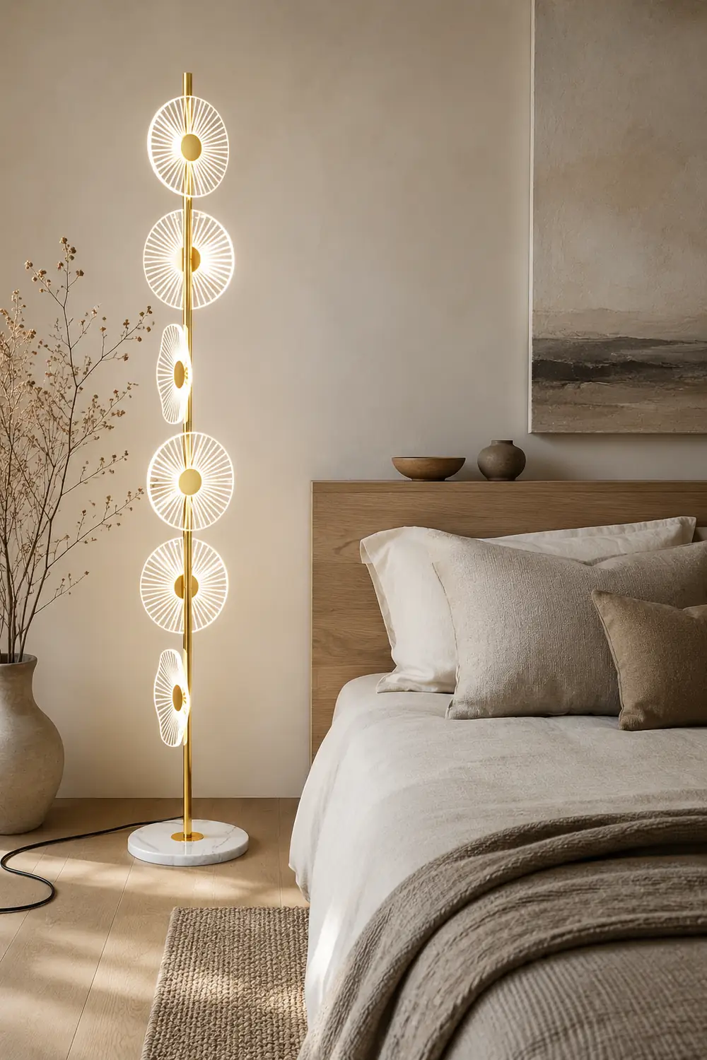 Carins Floor Lamp Creative Circle Modern, Acrylic, White/Gold, Bedroom - Lumpaz
