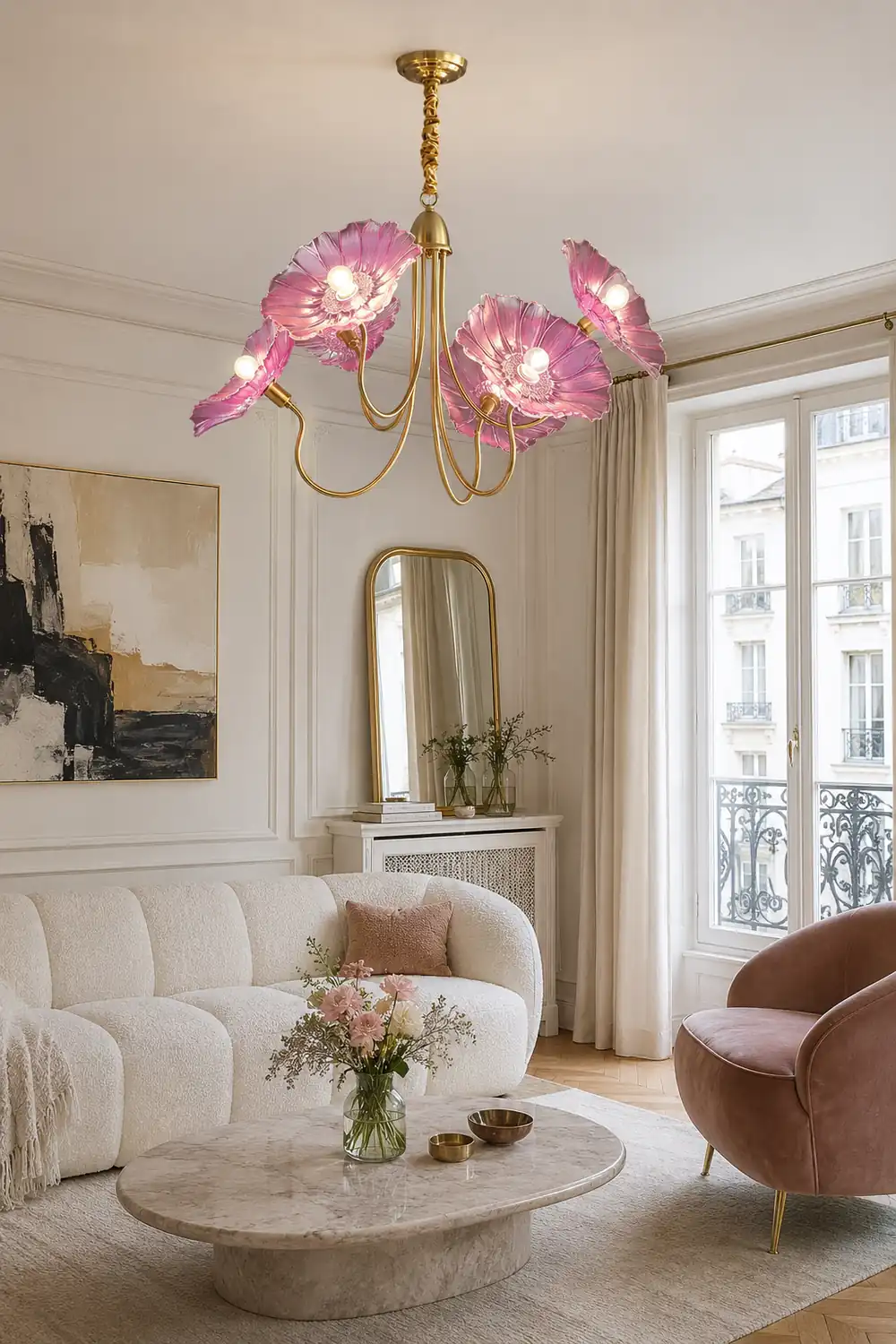 Bella Modern Flower Art Deco Metal/Glass Chandelier Pink Bedroom - Lumpaz