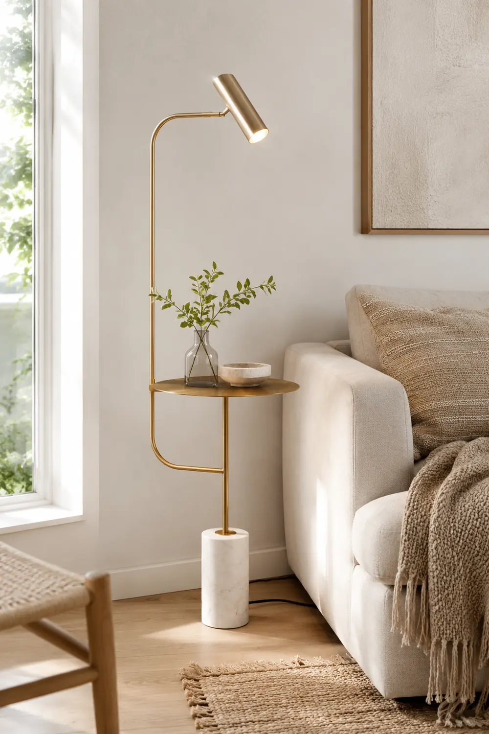 Salgado Minimalist Metal Floor Lamp With Table, Black/Gold - Lumpaz