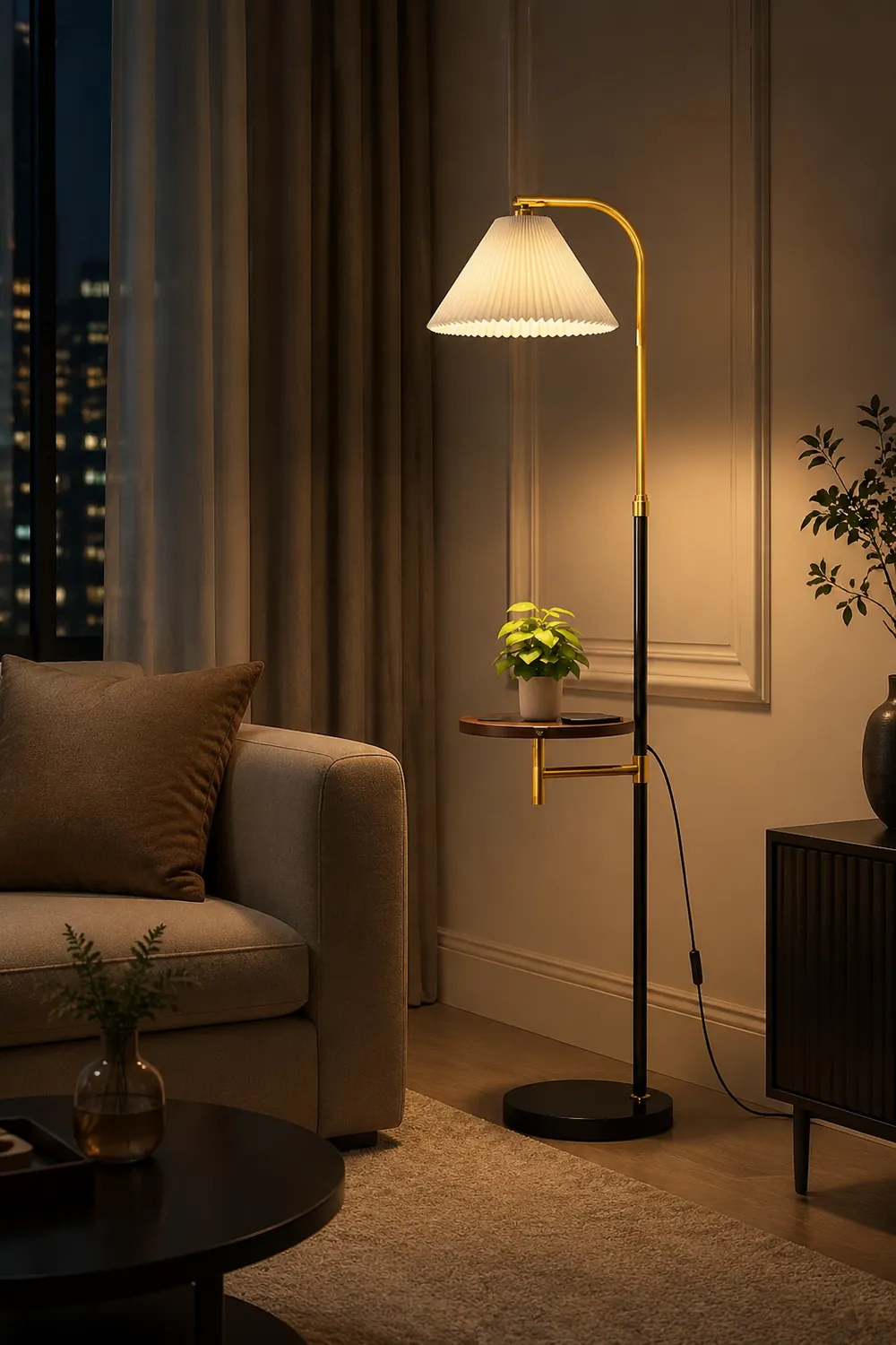Ozawa Pleated Metal Floor Lamp With Shelves,Gold-Black/Gold - Lumpaz