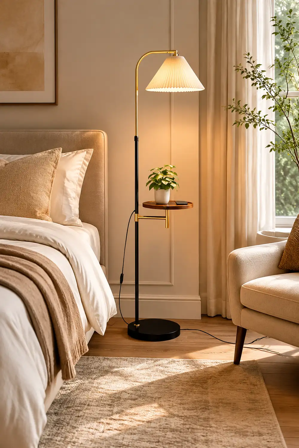 Ozawa Pleated Metal Floor Lamp With Shelves,Gold-Black/Gold - Lumpaz