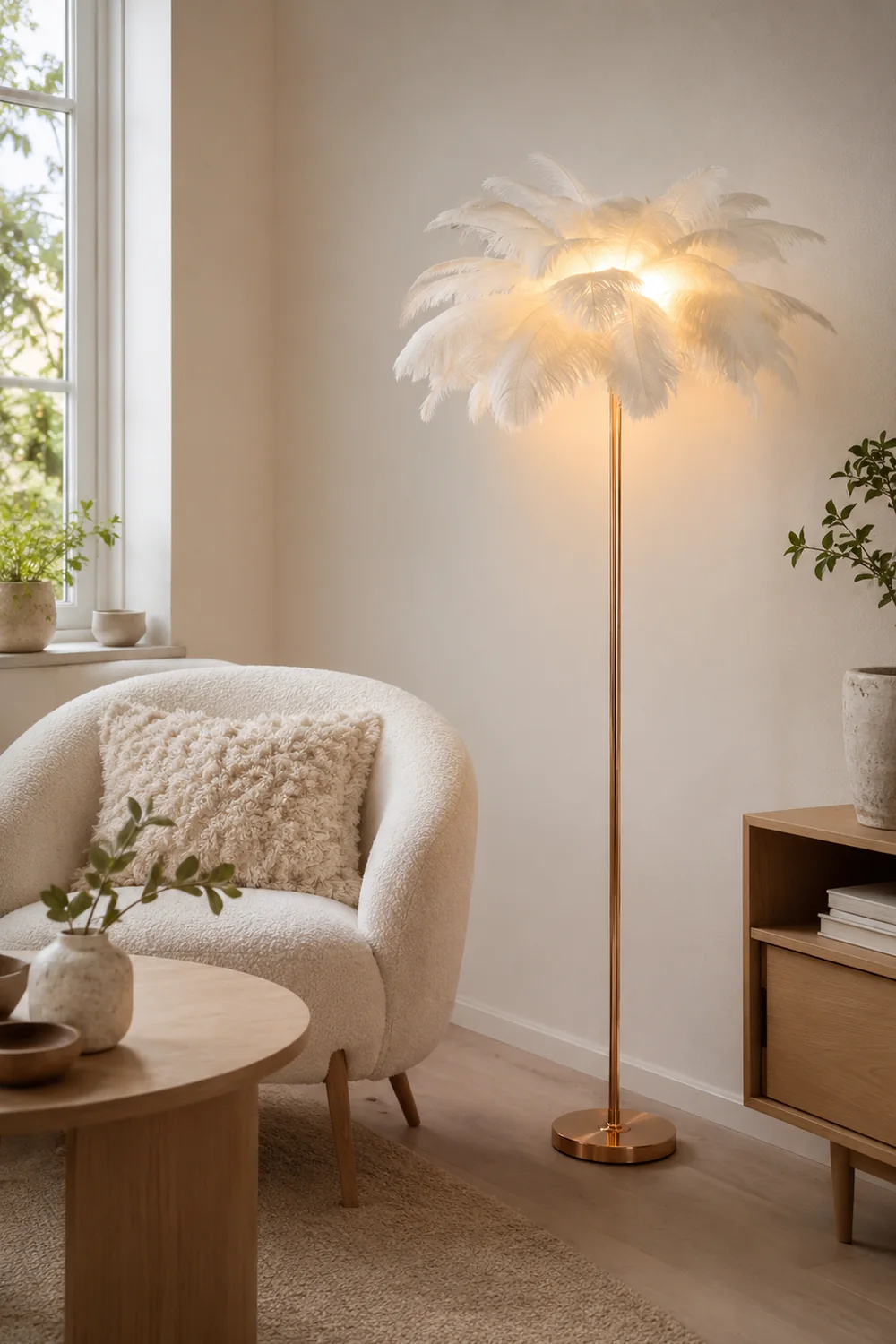 O'Moore Modern Floor Lamp, Natural Ostrich Feather & Metal Stand - Lumpaz