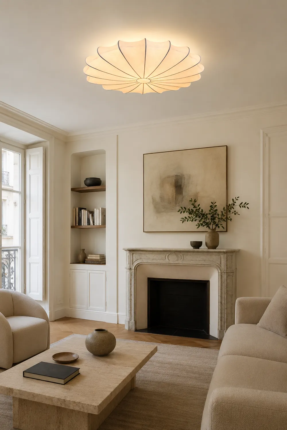 Renée Modern Elagant Round Metal/Fabric Flush Mount Ceiling Light, White - Lumpaz