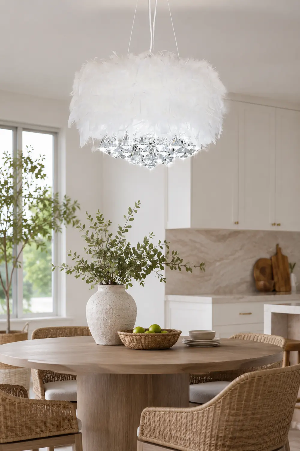 O'Moore Modern Luxury Round Chandelier, Feather/Crystal, White - Lumpaz