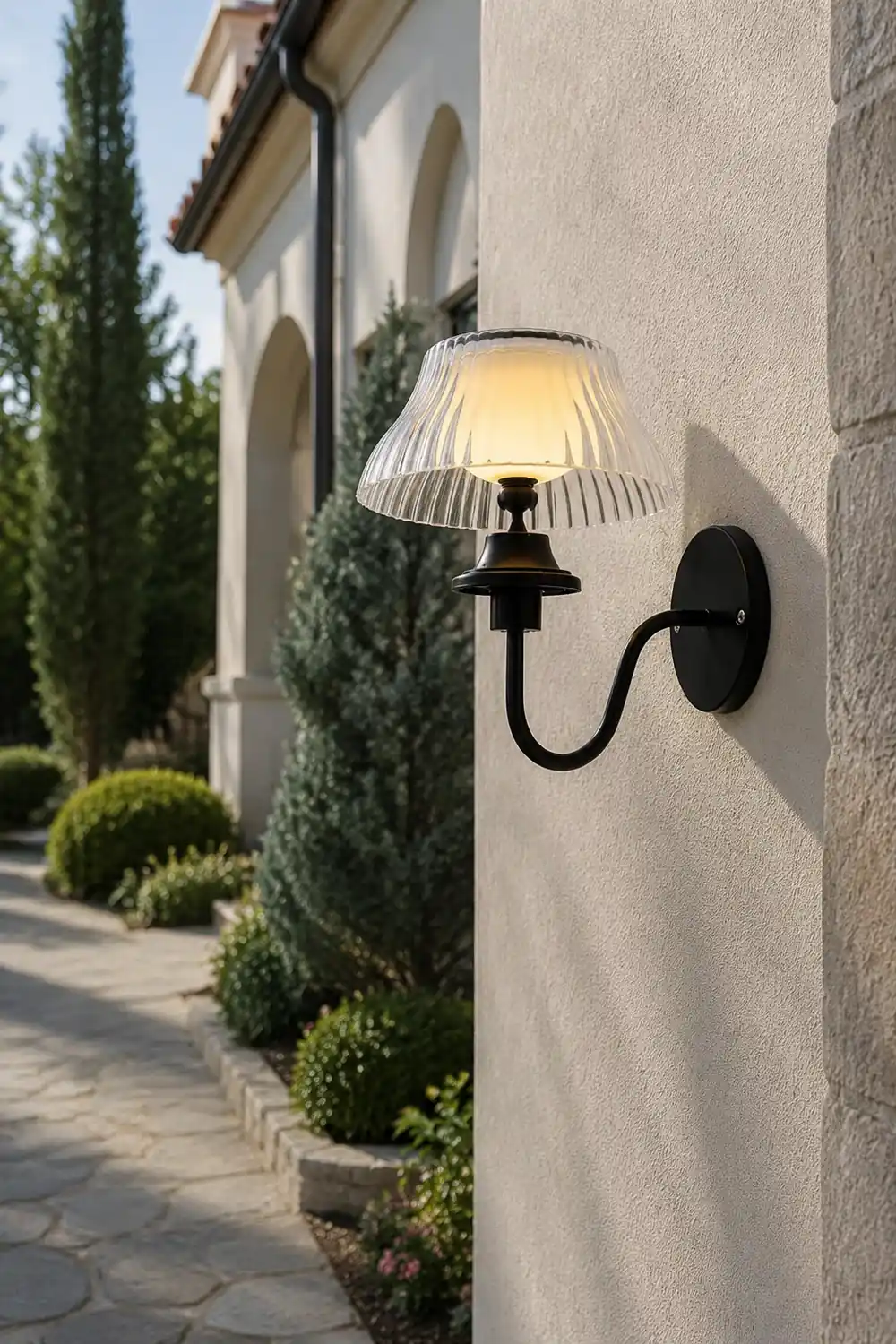Black Metallic Arm Solar Outdoor Wall Light - Adjustable Glass Shade - Lumpaz