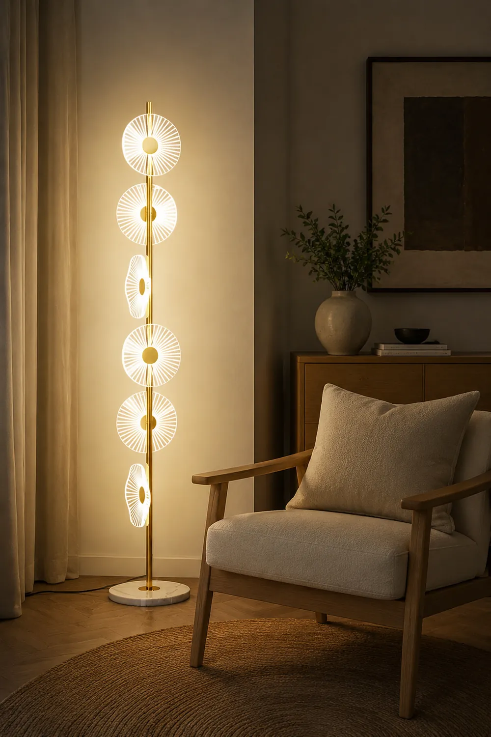 Carins Floor Lamp Creative Circle Modern, Acrylic, White/Gold, Bedroom - Lumpaz