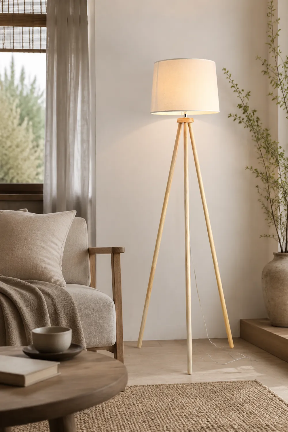 Muto Modern Cylinder Wood Fabric Floor Lamp, White/Beige - Lumpaz