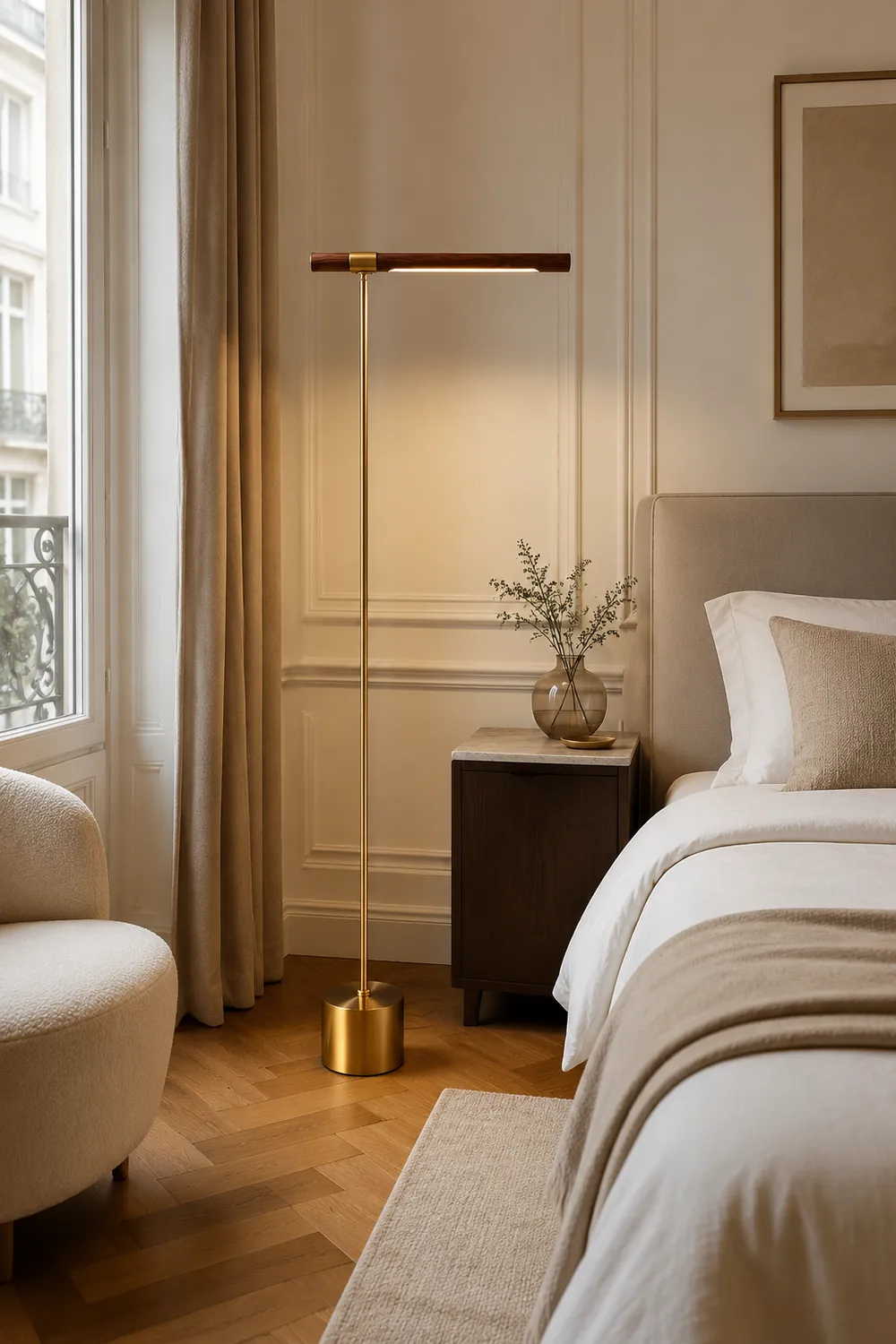 Edge Floor Lamp Linear Minimalist, Metal/Wood, Gold, Living Room - Lumpaz