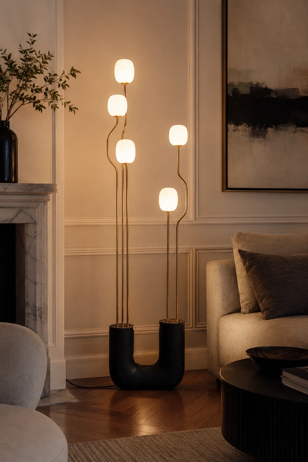 Russo Artistic Ball Glass Metal Floor Lamp, Black/White - Lumpaz