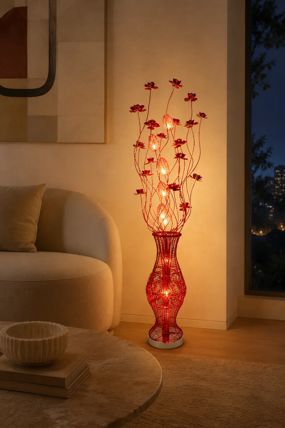 Bella Art Deco Flower Vase Metal Red Floor Lamp, Living Room - Lumpaz