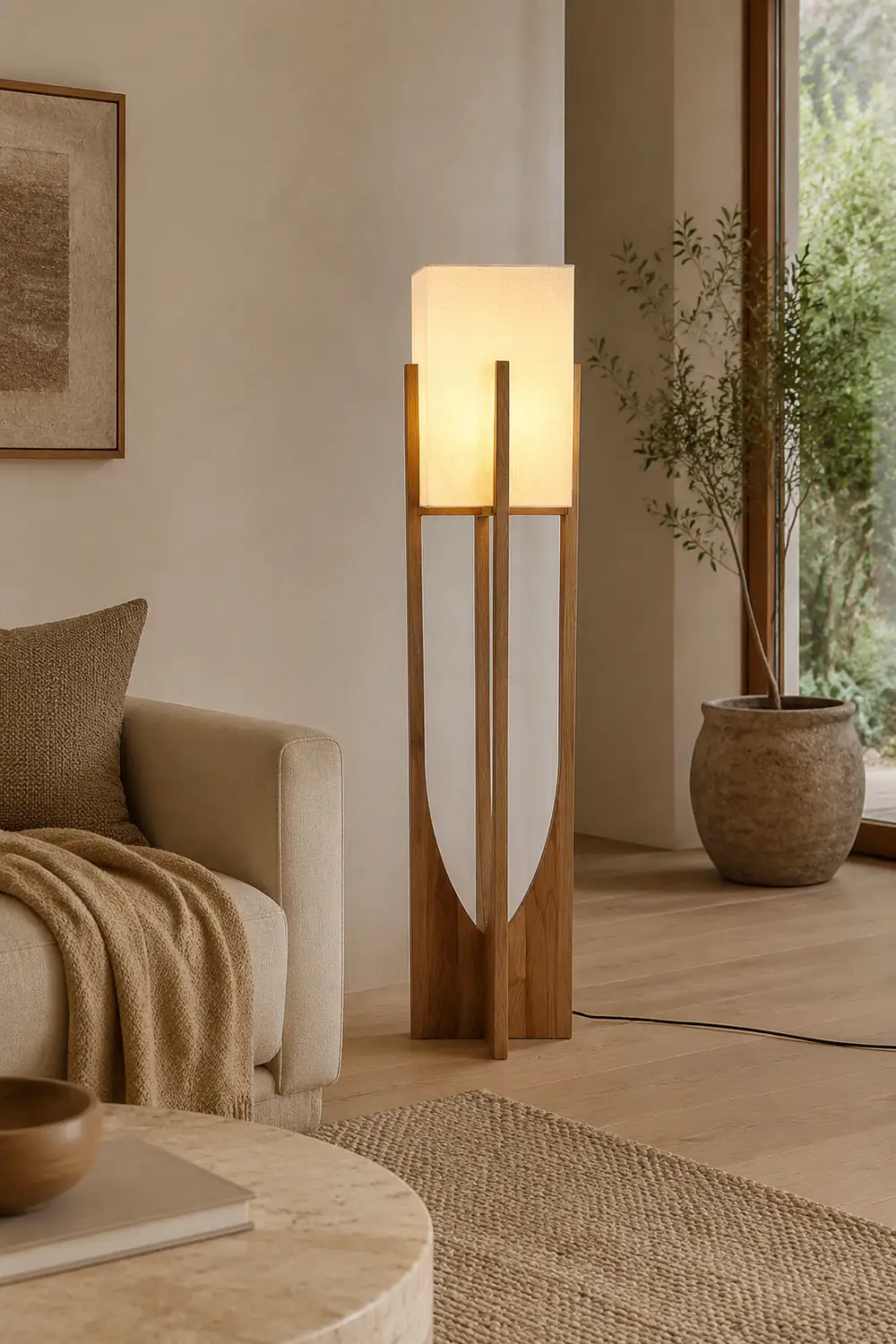Ozawa Natural Rectangular Wood/Fabric Floor Lamp - Lumpaz