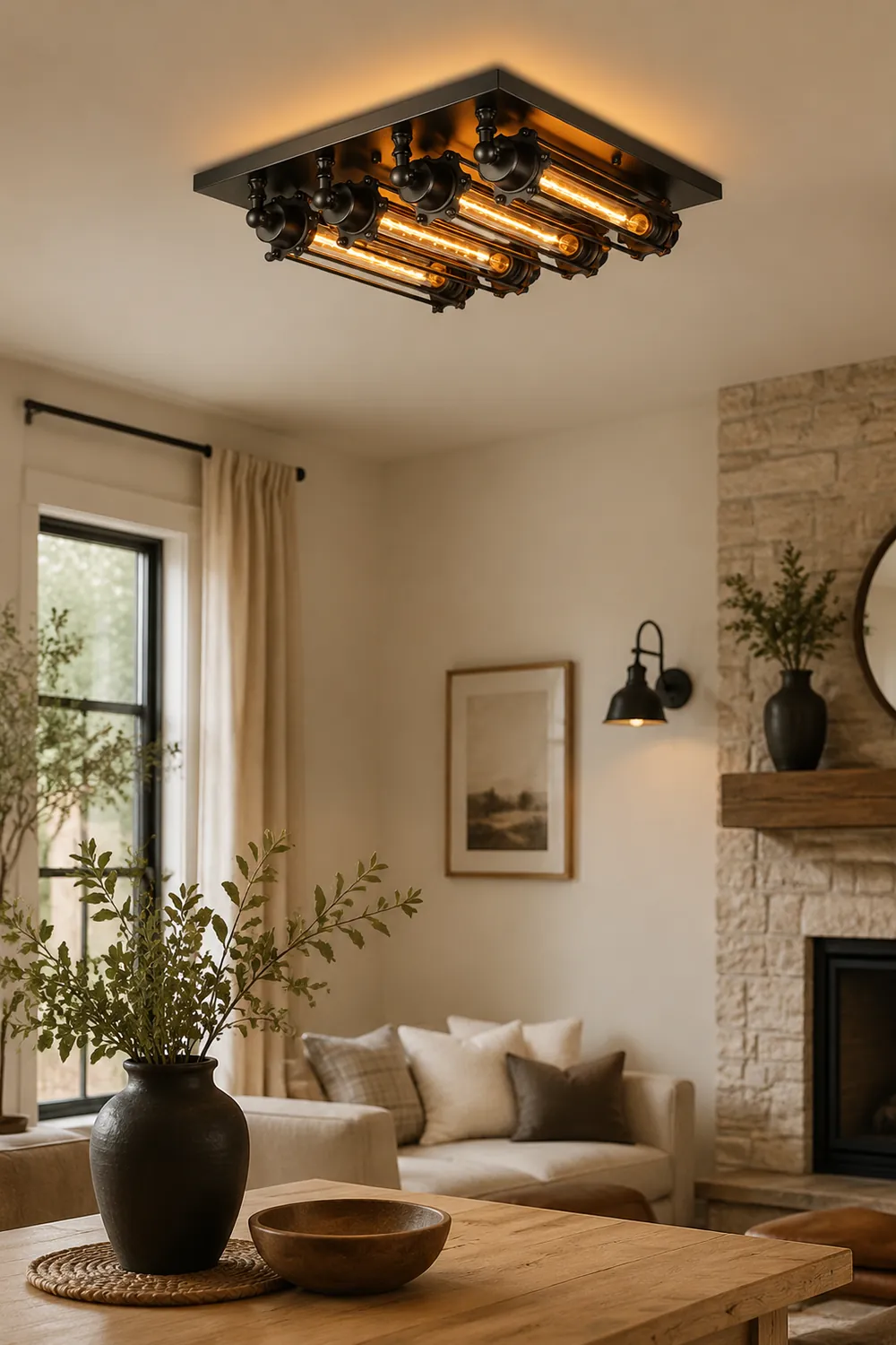 Alessio Vintage Tubed Metal Flush Mount Ceiling Light Black Living Room - Lumpaz