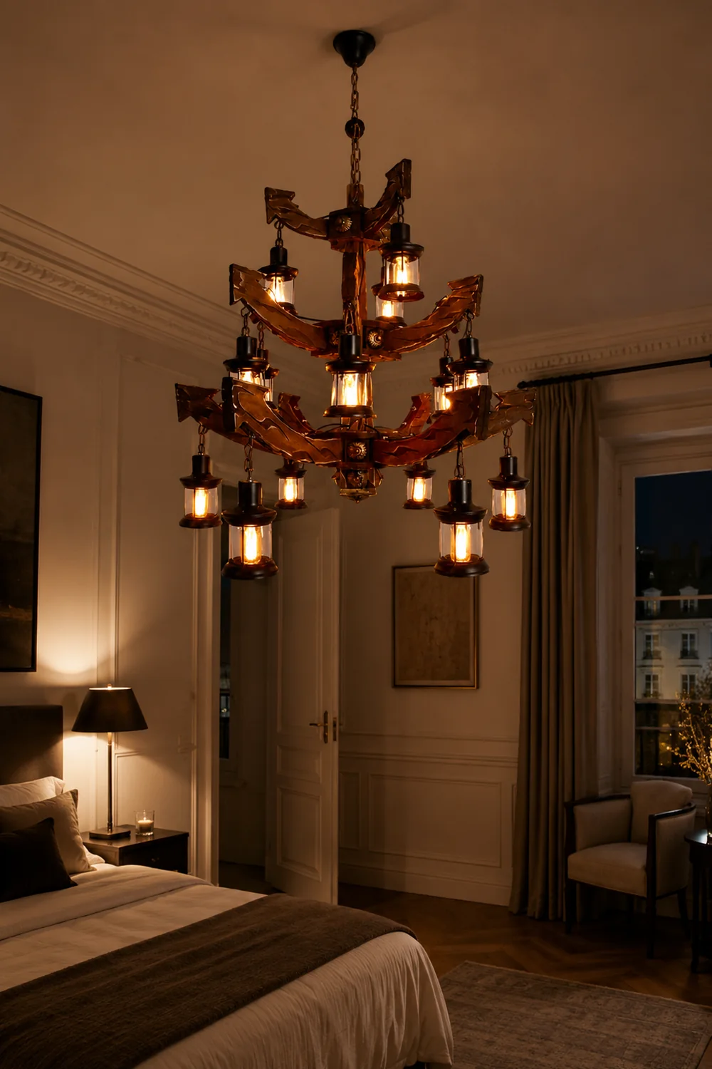 Austin Retro 14 Lantern Wood/Metal Chandelier Living Room/Bedroom - Lumpaz