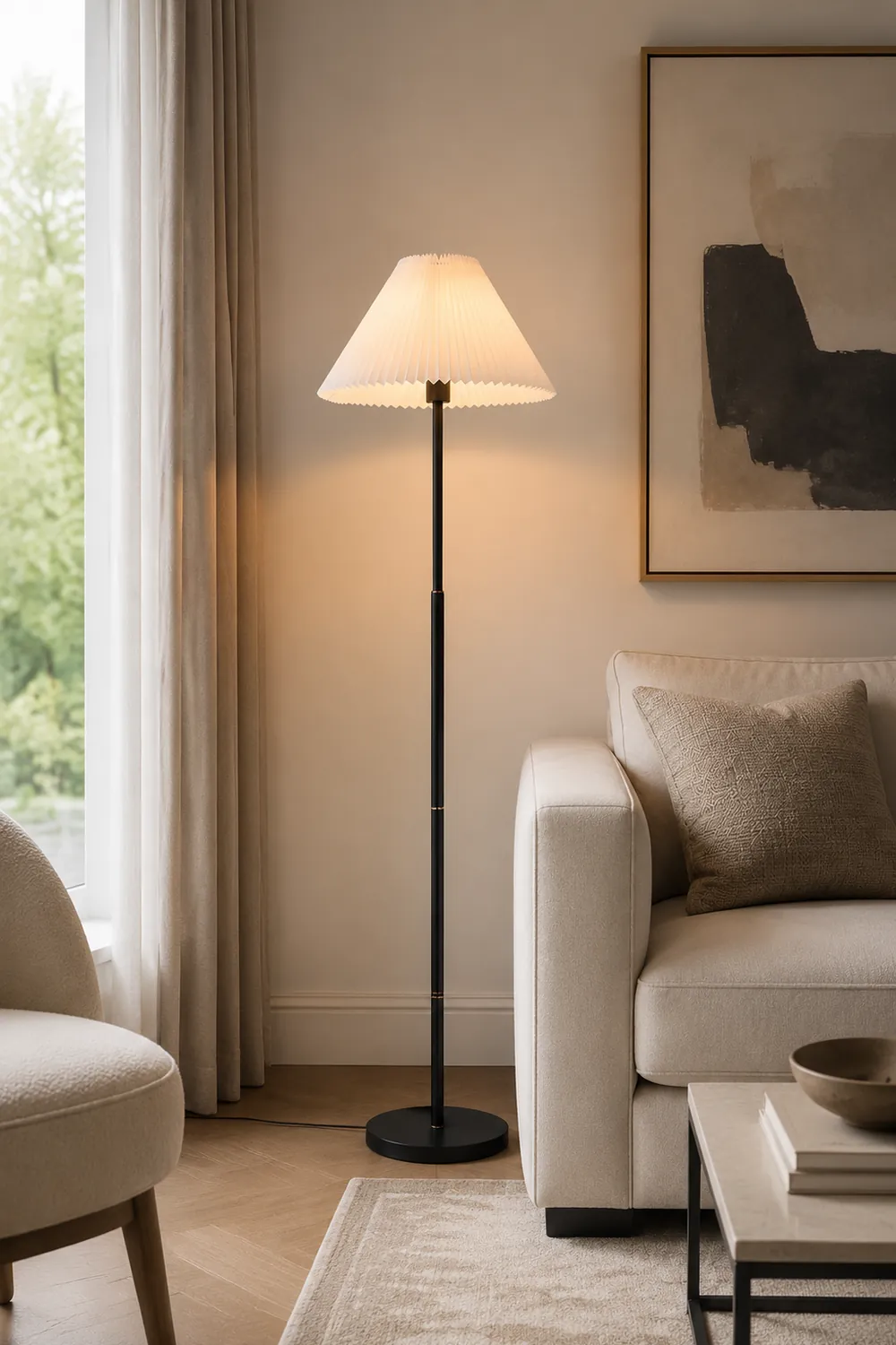 Ozawa Modern Pleated Metal Fabric Floor Lamp, White/Green/Apricot - Lumpaz