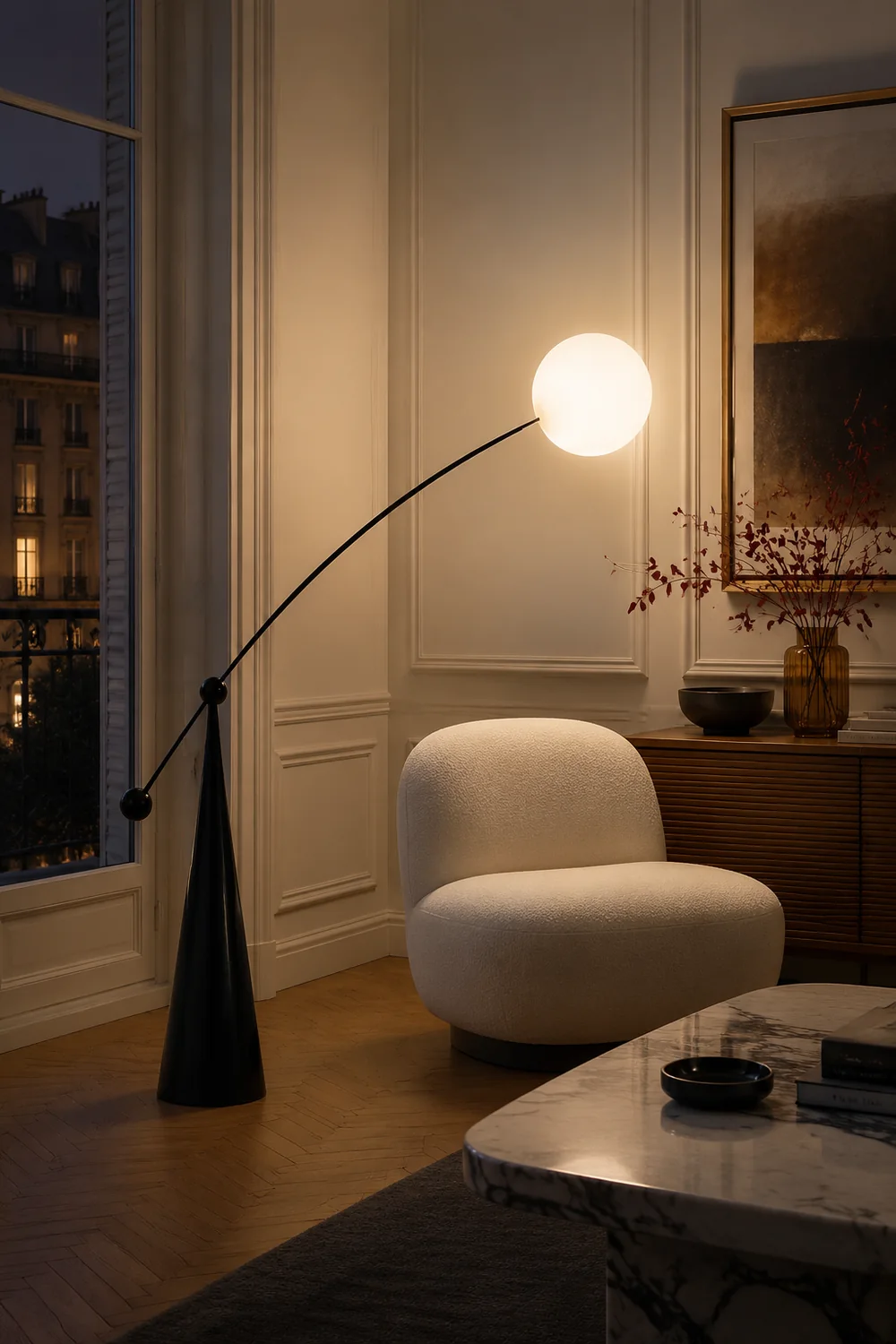 Valentina Floor Lamp Arc/Bubble Modern/Unique, Frosted Glass, White, Bedroom - Lumpaz