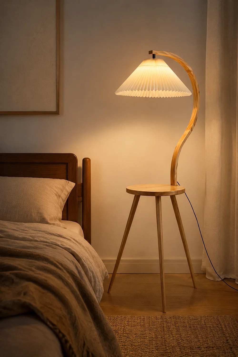Ozawa Modern Pleated Wood Fabric Bedside Table Floor Lamp - Lumpaz