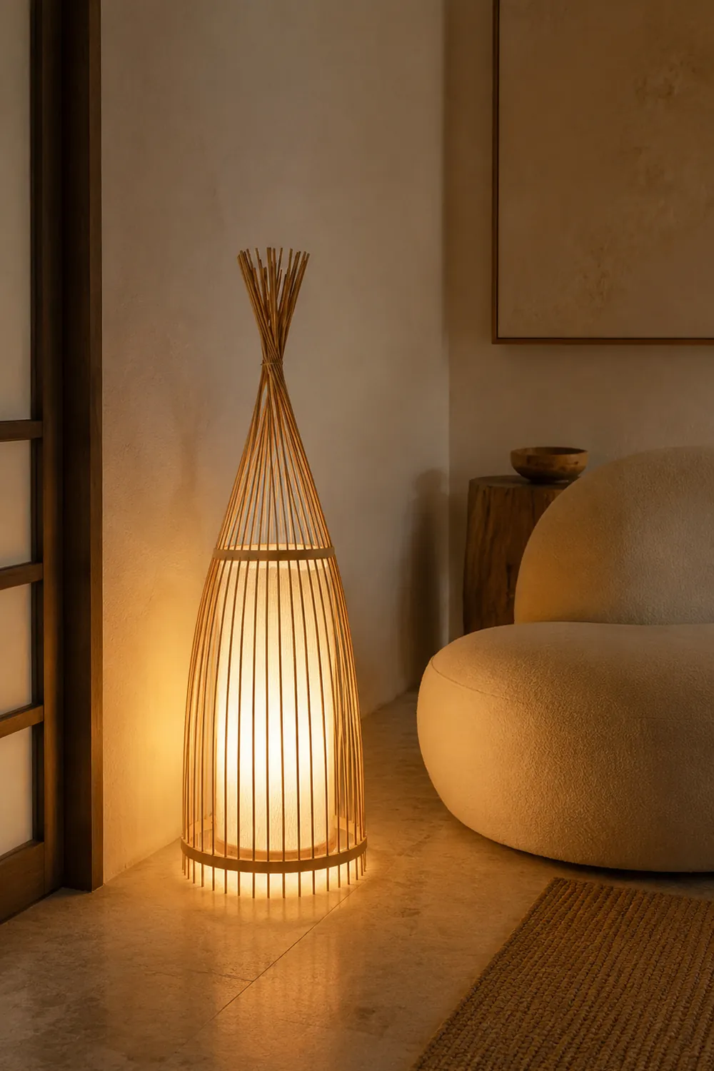 Ozawa Rustic Bottle Standing Floor Lamp, Rattan/Fabric, Bedroom - Lumpaz