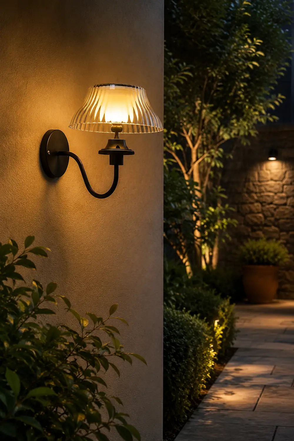 Black Metallic Arm Solar Outdoor Wall Light - Adjustable Glass Shade - Lumpaz