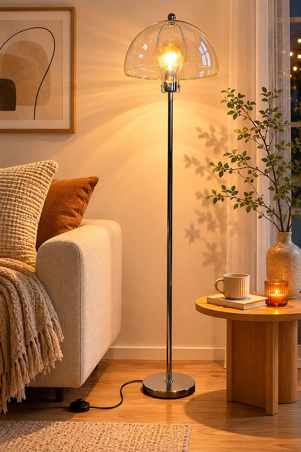 Levy Floor Lamp Round Tree Retro, Glass LED, Transparent, Living Room - Lumpaz