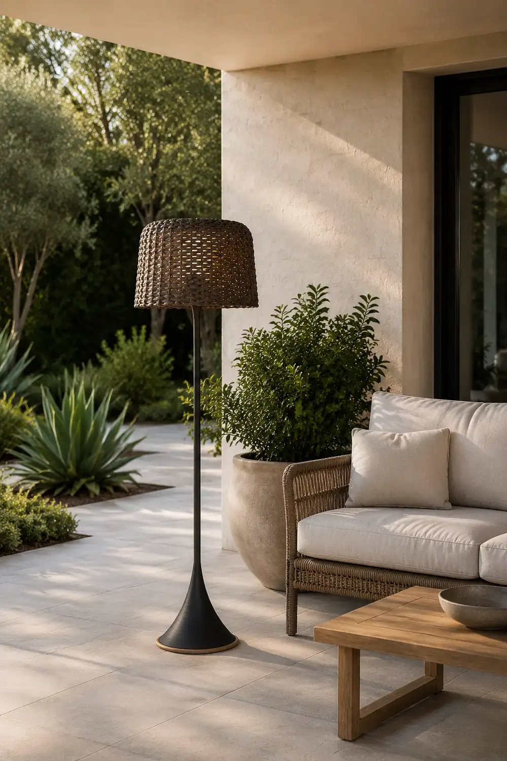 Ritta Waterproof Outdoor Floor Lamp, Rattan Black/White Balcony/Terrace - Lumpaz