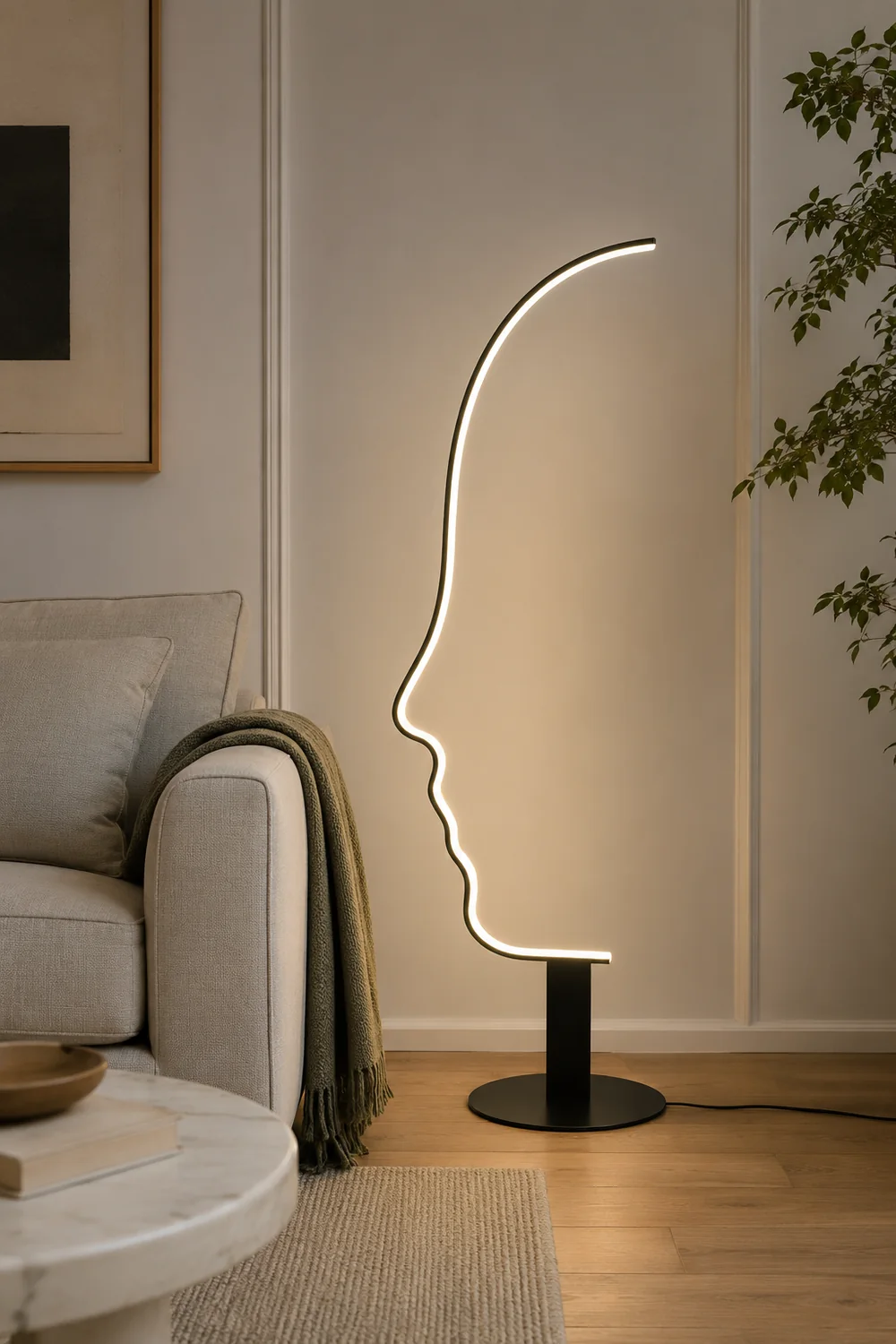 Edge Human Face Profile Modern Arc Floor Lamp, Black, Metal/Silicon - Lumpaz