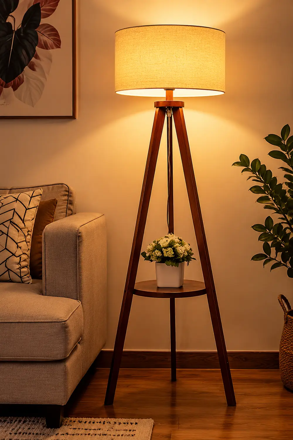 Ozawa Floor Lamp Triangle Vintage, Wooden/Fabric, Beige, Living Room - Lumpaz