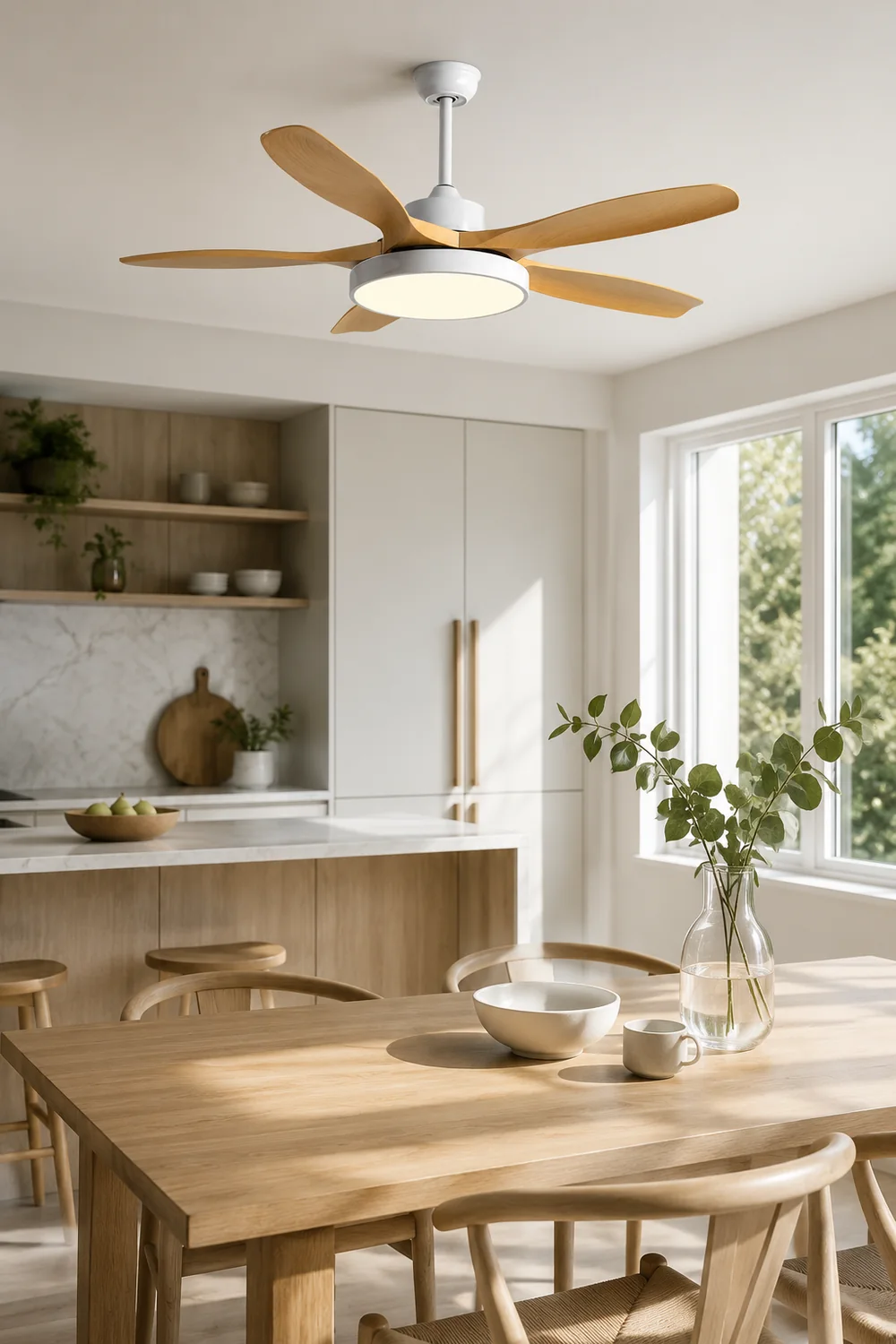 Ozawa Basic White & Black Modern 5-Blade DC Ceiling Fan with Light, Wood, 51'' - Lumpaz
