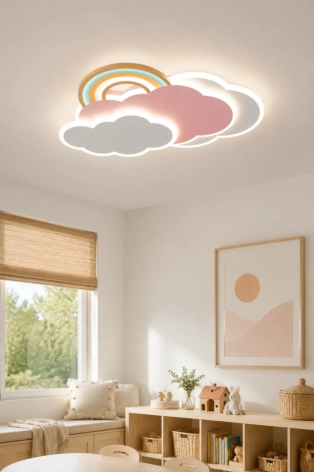 Minori Modern Cloud/Rainbow Metal/Acrylic Flush Mount Ceiling Light Pink/White - Lumpaz