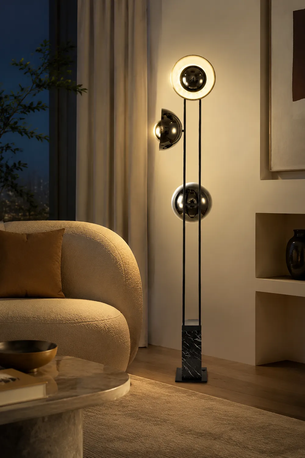 Salgado Modern Minimalist Tri-head Floor Lamp, Metal & Marble - Lumpaz
