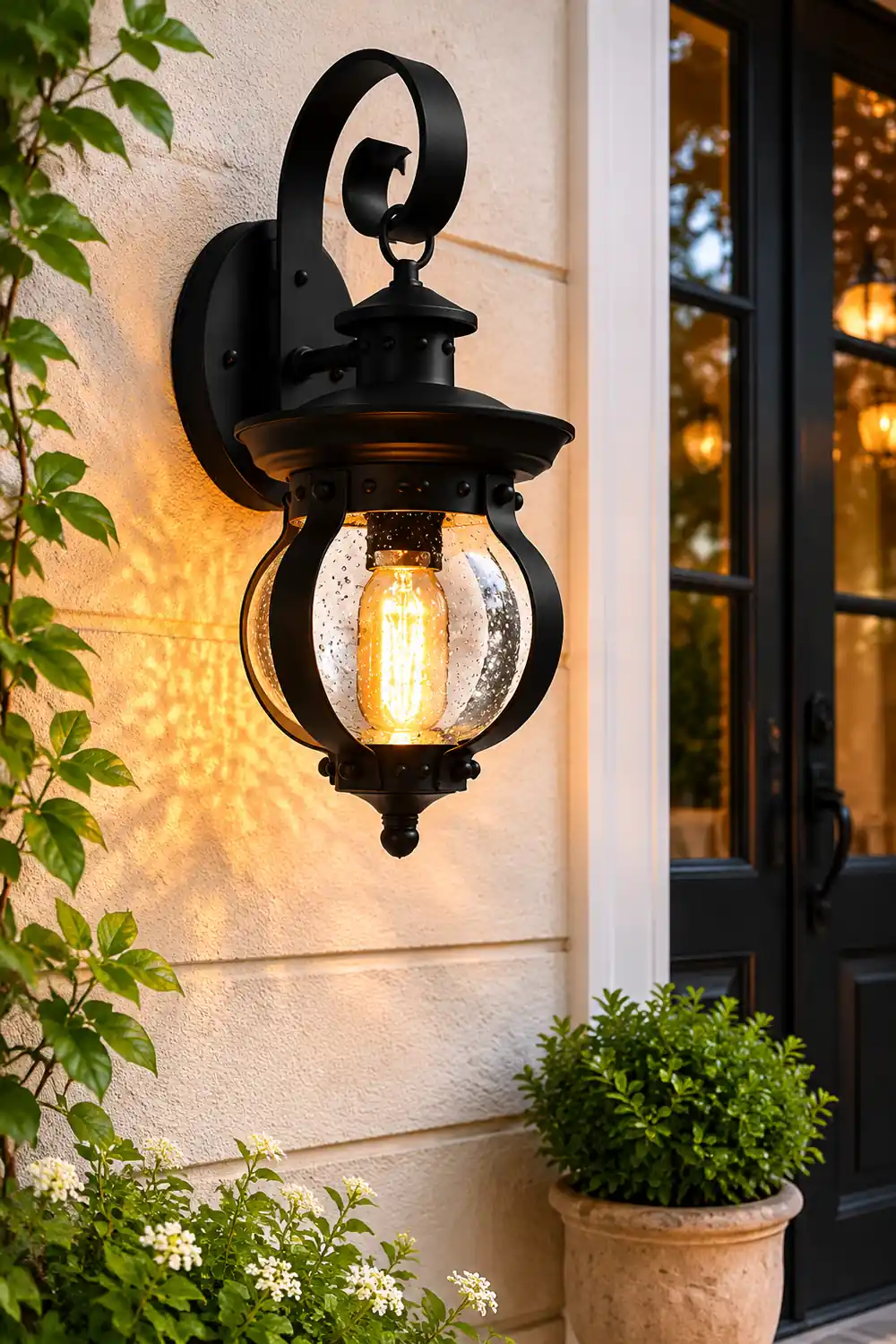 1-Light Seeded Glass Globe LED Outdoor Wall Lantern with Curved Arm - Lumpaz