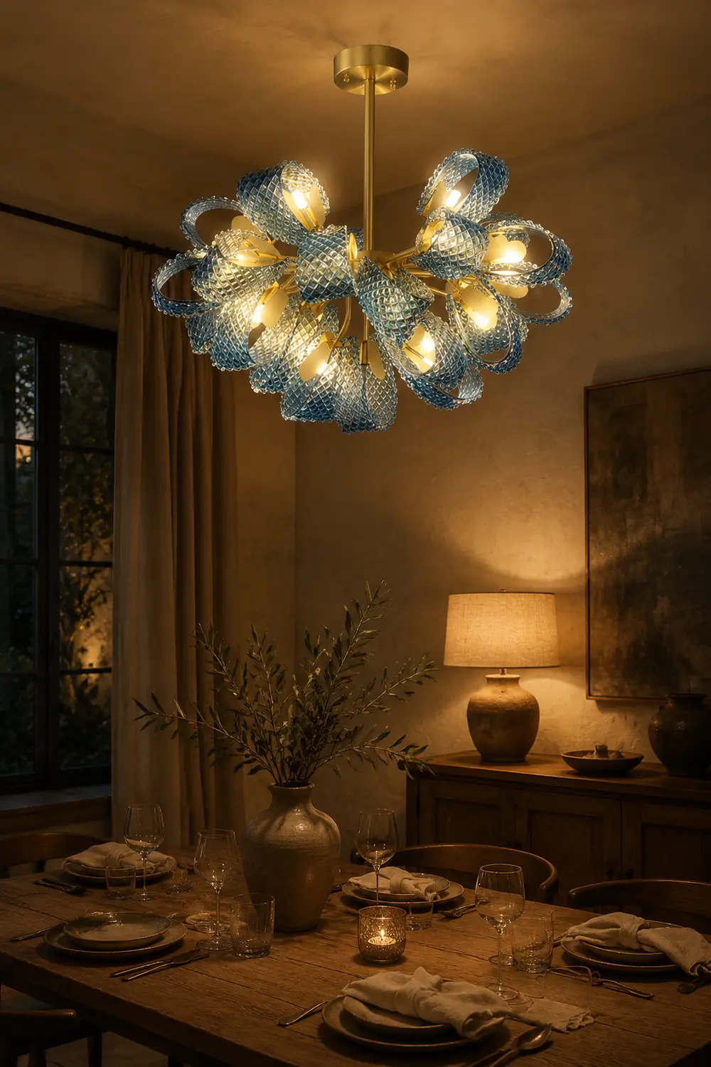 Hailie Vintage Art Deco Blue Glass Chandelier Living Room - Lumpaz