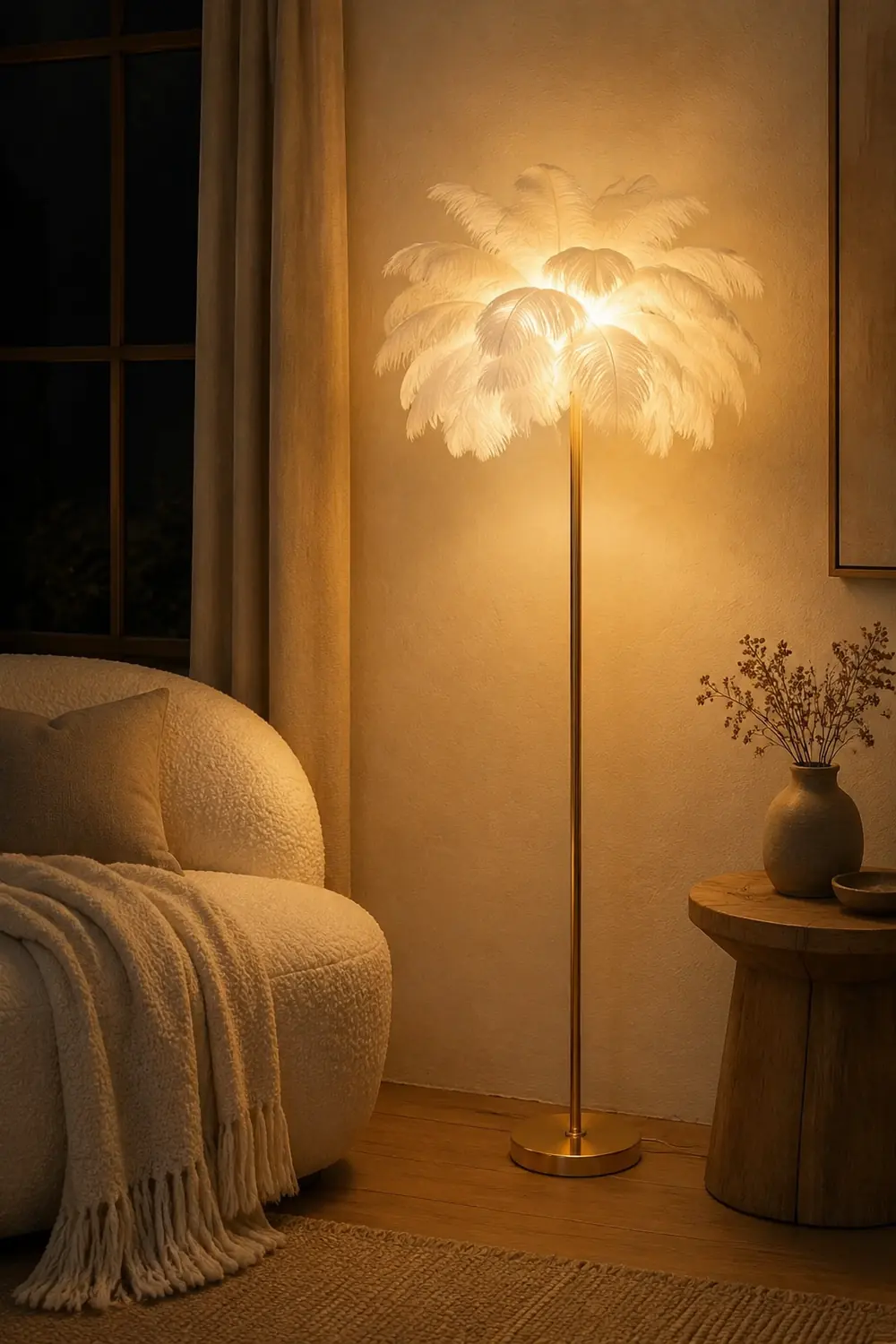O'Moore Modern Floor Lamp, Natural Ostrich Feather & Metal Stand - Lumpaz