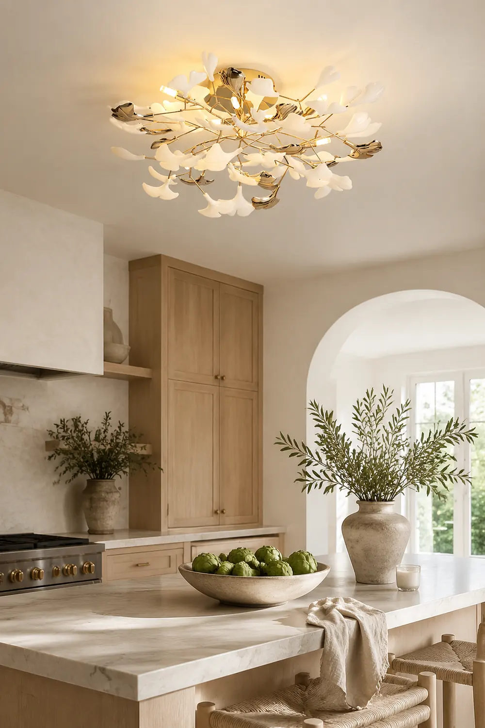 Ophelia Elegant Leaf Ceramic/Metal Flush Mount Ceiling Light, Gold - Lumpaz