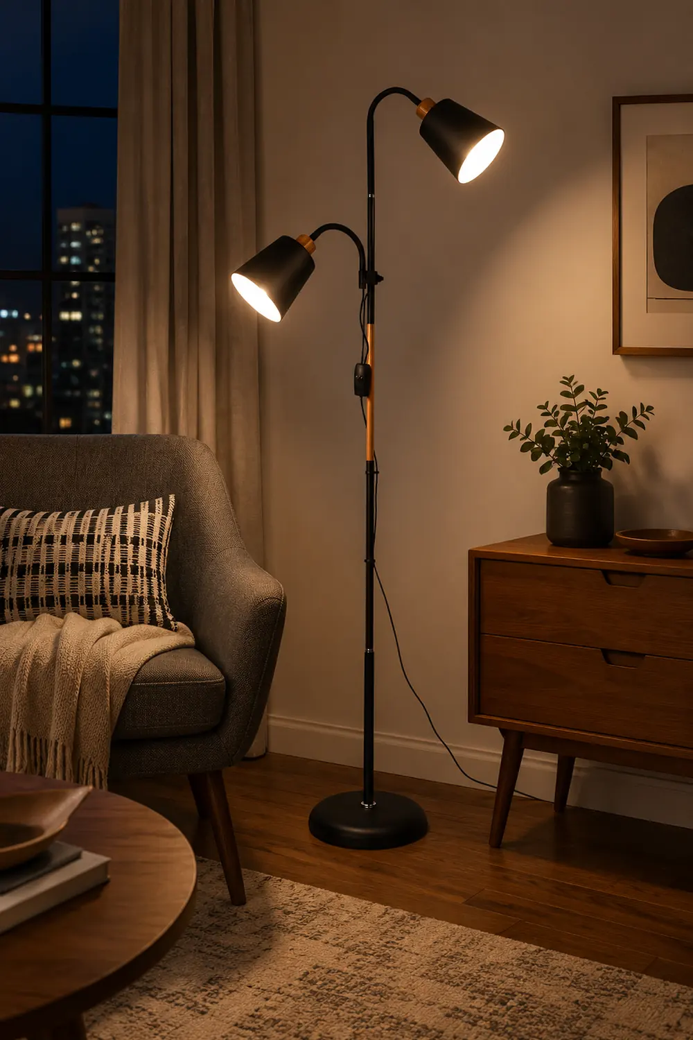 Eryn Floor Lamp Double Head Modern, Metal,Black/White, Bedroom - Lumpaz