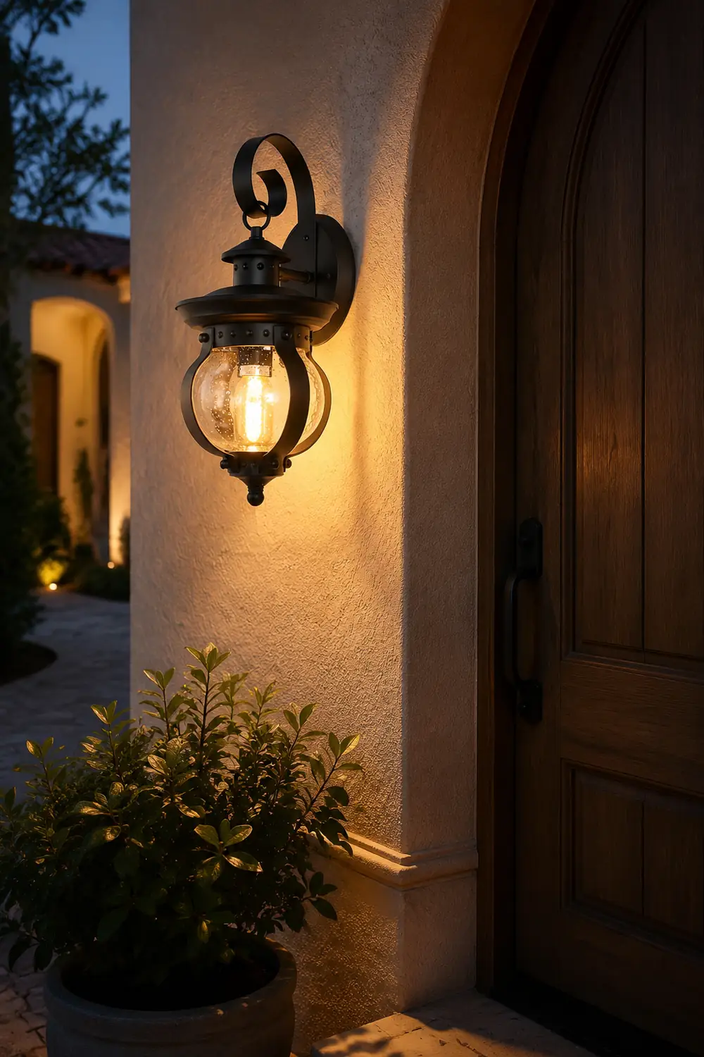 1-Light Seeded Glass Globe LED Outdoor Wall Lantern with Curved Arm - Lumpaz