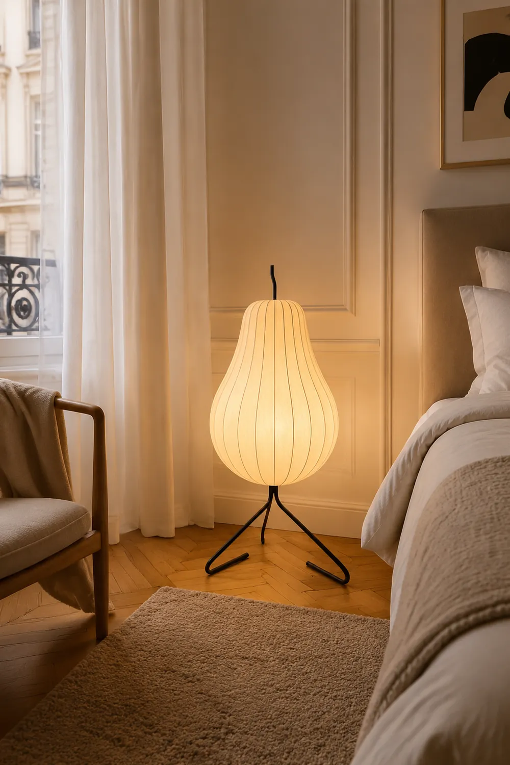 Renée Floor Lamp Pear Shaped Unique Art Deco, Fabric/Metal, Living Room - Lumpaz