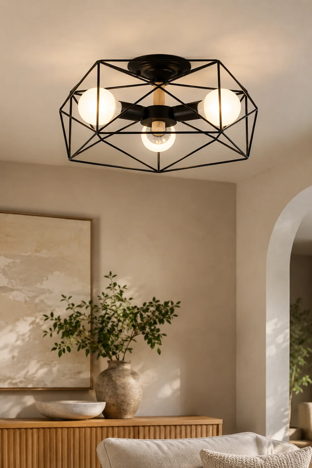 Cooley Modern Geometric Lantern Metal Flush Mount Ceiling Light, Black/White/Gold - Lumpaz