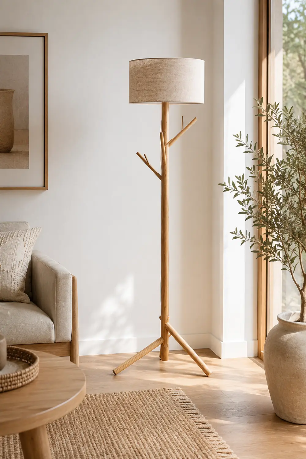 Muto Floor Lamp Japanese Tree, Beige, Fabric/Wooden - Lumpaz