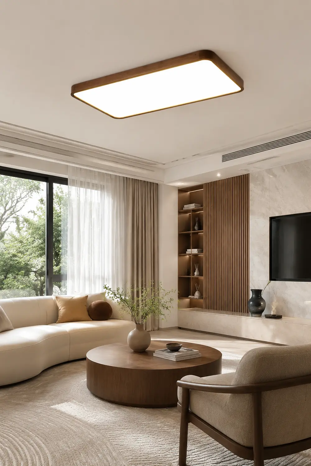 Ozawa Modern Geometric Walnut LED Flush Mount Ceiling Light - Lumpaz