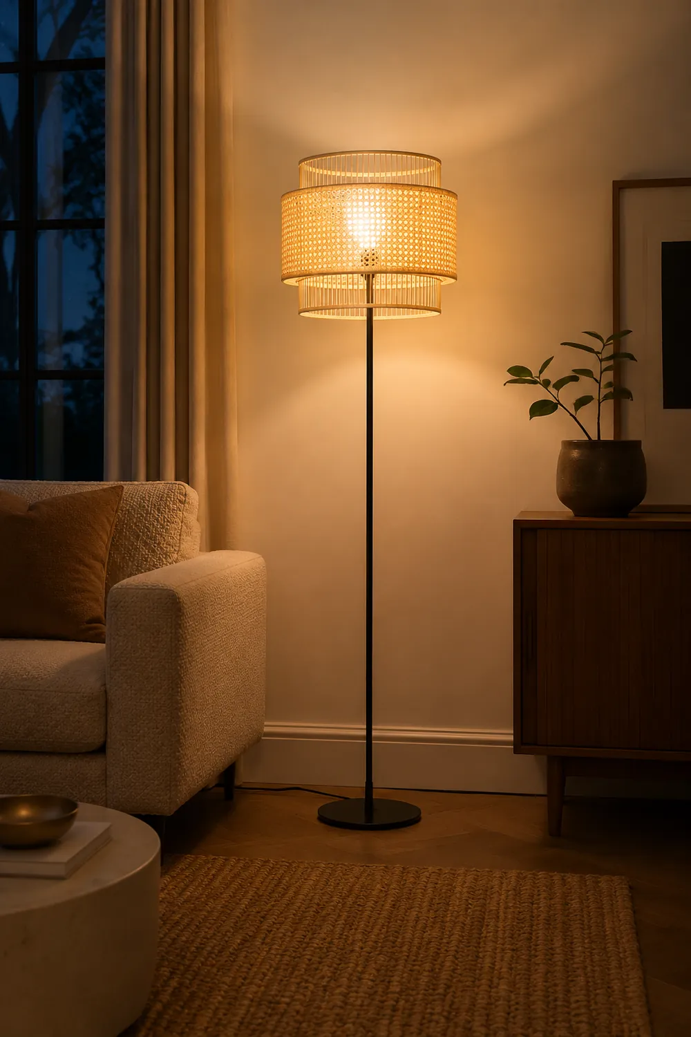 Ritta Zen Rattan/Willow Weave Tri-Layer Floor Lamp, Wood - Lumpaz