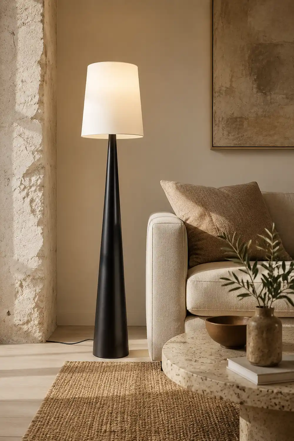 Eryn Floor Lamp Cone Shaped Nordic, Fabric Art, White, Living Room - Lumpaz
