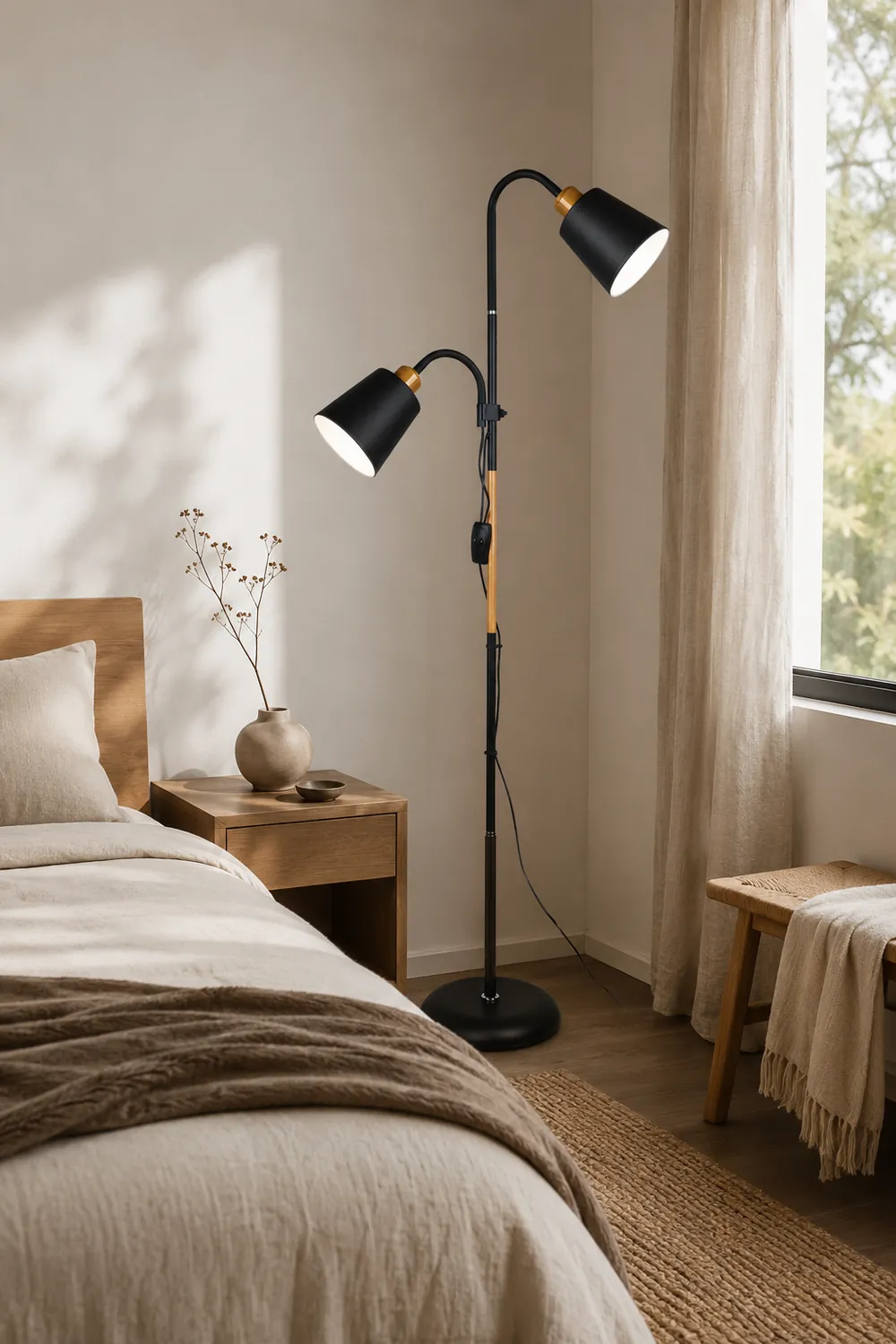 Eryn Floor Lamp Double Head Modern, Metal,Black/White, Bedroom - Lumpaz