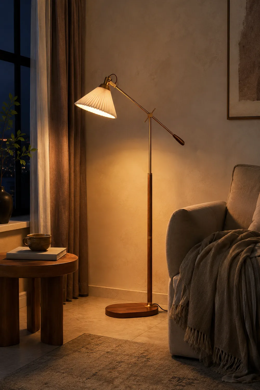 Ozawa Floor Lamp Pleated Retro, Metal/Wood, Living Room - Lumpaz