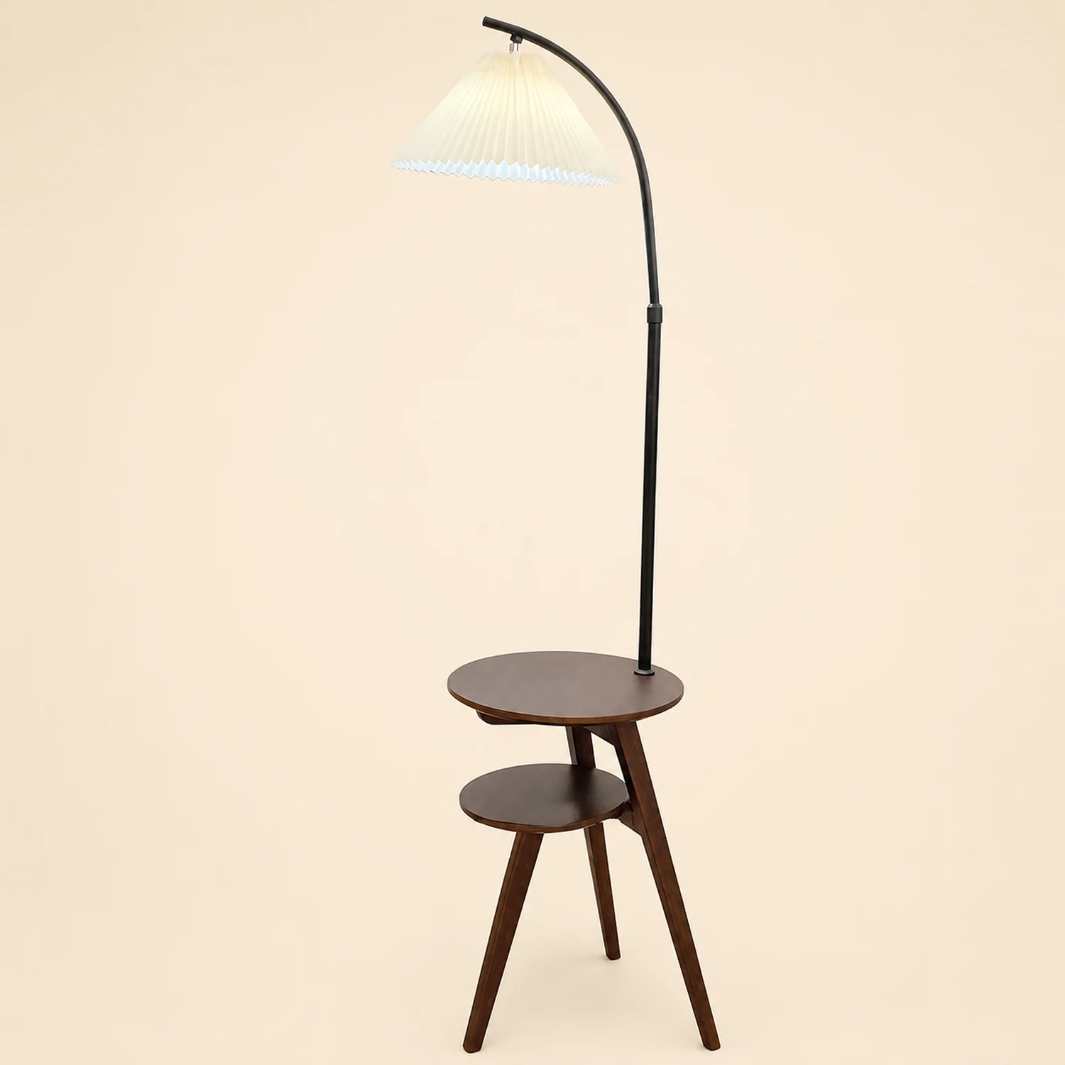 Ozawa Retro Pleated Metal & Wood Floor Lamp /w Bedside Table - Lumpaz