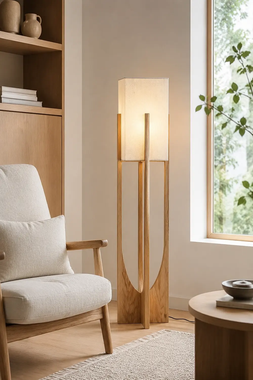 Ozawa Natural Rectangular Wood/Fabric Floor Lamp - Lumpaz